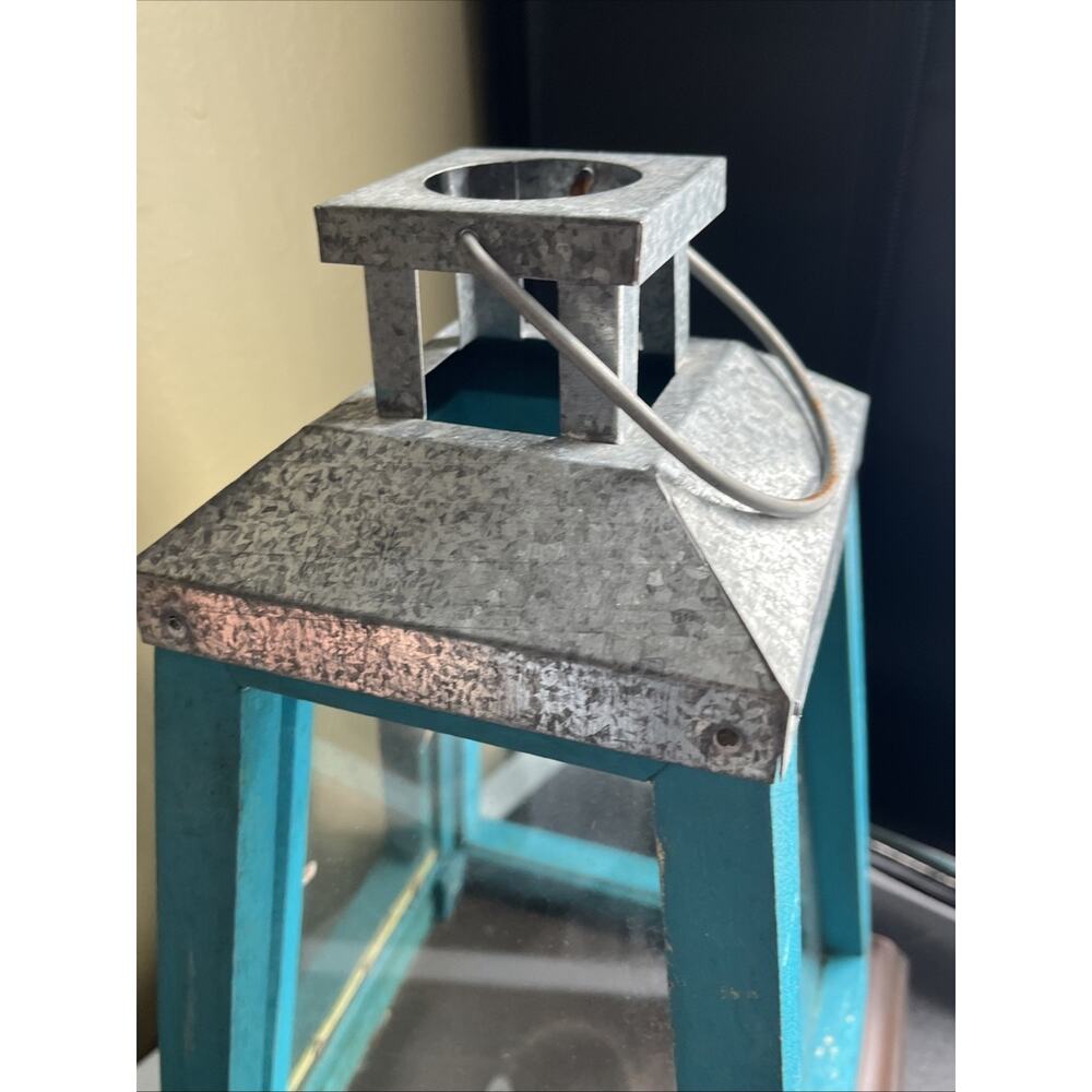 Rustic Teal Turquoise Heavy Metal Wood Ocean Coastal Lantern 12”x8” - Picture 6 of 7